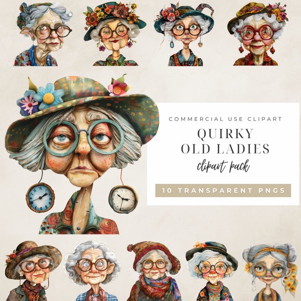 Quirky Old Ladies Clipart, Whimsical Old Lady Clipart, Fussy Art Printables, Funny Old Lady, Sassy Old Ladies, Old Lady png, Commercial Use