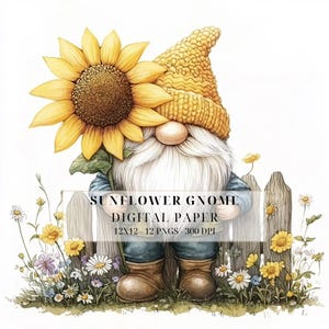 Sunflower Gnome Clipart Bundle | Watercolor Summer Garden Gnomes PNG | DIY Crafts, Scrapbooking, Card Making, Junk Journals, Commercial Use