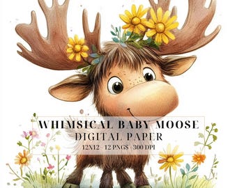 Moose Clipart - 24 PNG Watercolor Baby Moose Clip Art, Funny Moose ...