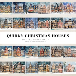 Papel digital con casas navideñas extravagantes / Imágenes prediseñadas de casas de invierno con acuarela / País de las maravillas invernal nevado / Fabricación de tarjetas, manualidades para hacer uno mismo, uso comercial