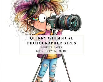 Watercolor Quirky Girl Photographer PNGs | Whimsical Photographer Clipart for DIY Crafts, Junk Journals, Card Making, Commercial Use