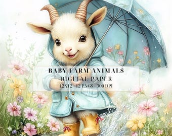 May include: A cute baby goat wearing a blue raincoat and holding a blue umbrella with white flowers. The goat is standing in a puddle of water with pink and yellow flowers around it. The text "BABY FARM ANIMALS DIGITAL PAPER 12X12 - 12 PNGS - 300 DPI" is written on the image.