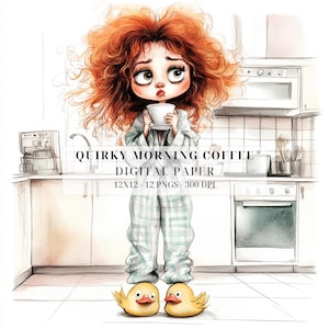 Quirky Morning Coffee Clipart | Messy Haired Women PNG | Funny Sleepy Girls in Pajamas | Coffee Lovers | Junk Journals & Card Making