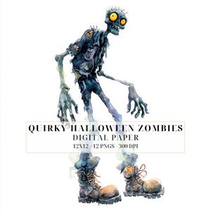 Creepy Quirky Halloween Zombie Clipart: Watercolor Spooky PNG Set for Crafts & Printables