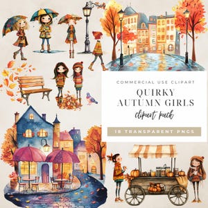 Quirky Autumn Girls Clipart | Whimsical Fall Girl Illustrations & Quirky Houses PNG | Fall Crafts, Card Making, Scrapbooking, Commercial Use