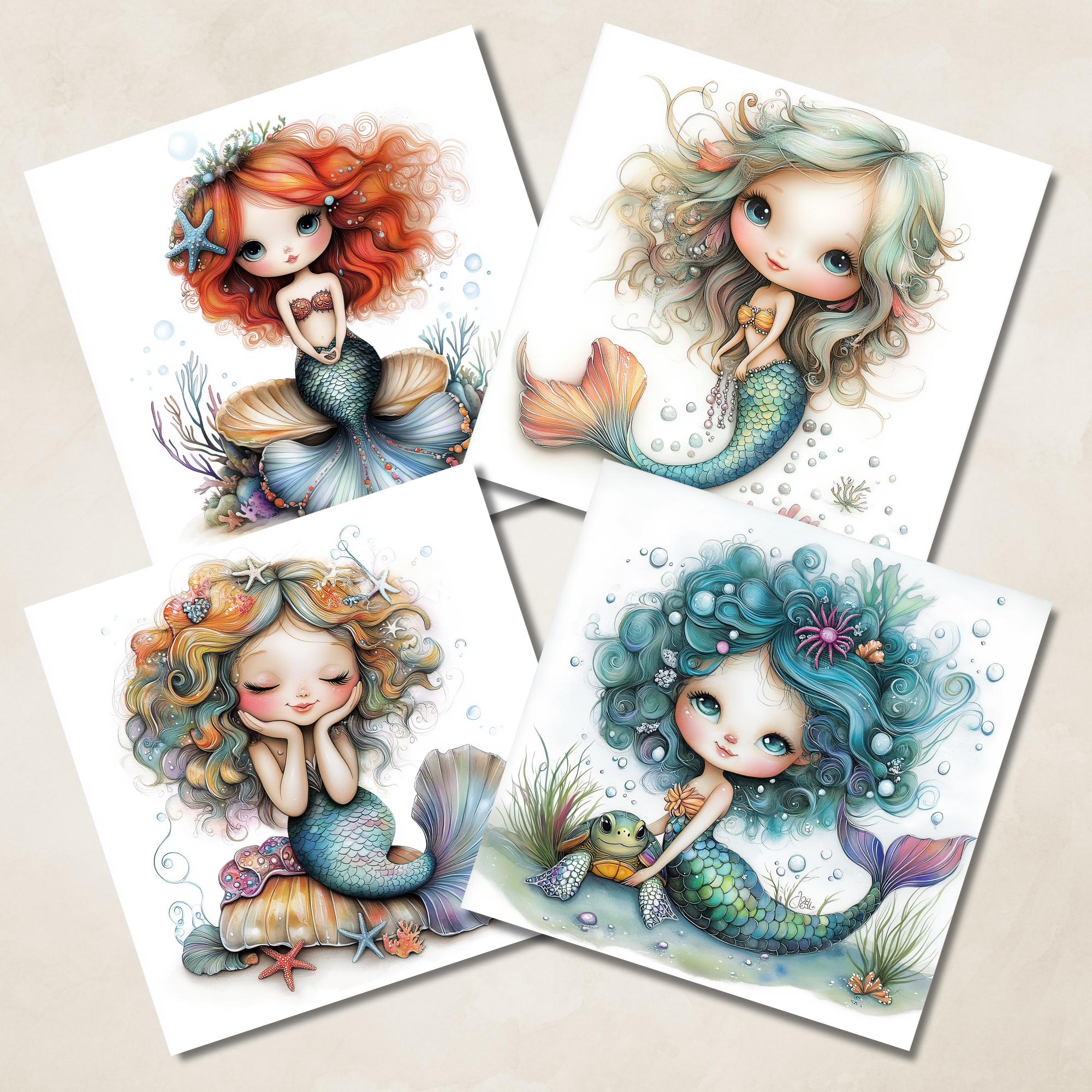 Whimsical Watercolor Mermaid Clipart Set | Fantasy PNG for Scrapbooking ...