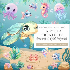 Baby-Meerestiere Clipart - Niedliche Pastell-Meerestiere, PNG-Dateien, Meeresschildkröte, Fisch, Oktopus, Qualle, Seepferdchen, Kinderzimmerkunst, kommerzielle Nutzung