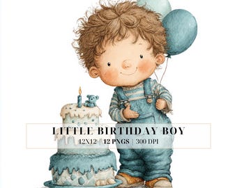 Watercolor Birthday Boy Clipart, Toddler First Birthday PNG Bundle (Digital Download)