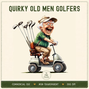 May include: A digital illustration of an elderly golfer with a wide grin, wearing a green plaid shirt, tan pants, and a cap, riding a gray mobility scooter. A golf bag with several clubs is attached to the back. Text reads QUIRKY OLD MEN GOLFERS.