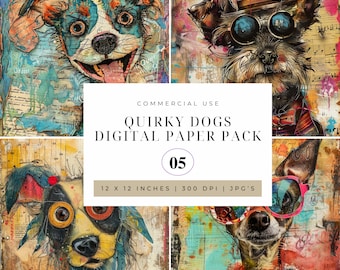 May include: A digital paper pack featuring four quirky dog illustrations. Each dog is depicted in a colorful, mixed media style with unique accessories and expressions. The pack includes 12 x 12 inch, 300 DPI JPG files.