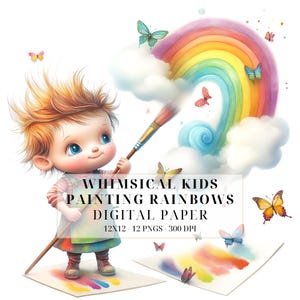 Enfants fantaisistes, peinture des cliparts arcs-en-ciel | Illustrations mignonnes pour filles et garçons | Scrapbooking, Loisirs créatifs, Carnets indésirables, Fabrication de cartes, Utilisation commerciale