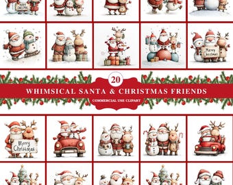 Santa Reindeer & Snowman Clipart | Whimsical Christmas Characters | Watercolor Holiday PNG | 20 PNGs