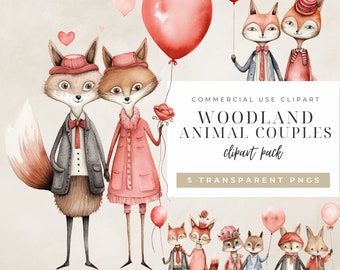 Boho Woodland Fox Couple Clipart | Quirky Watercolor Foxes PNG for Valentine, Nursery & DIY Crafts