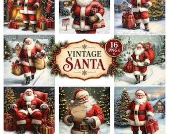 Vintage Santa Clipart, Nostalgic Santa Claus Christmas Scenes, 16 PNGs