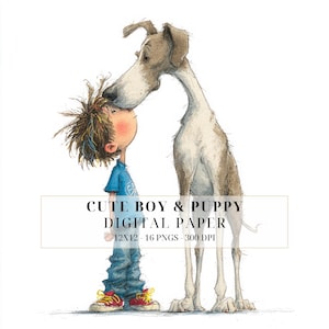 Whimsical Boy and Puppy Clipart: Watercolor Dog Breeds PNG (Commercial Use, Digital Download)