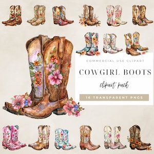Gráficos de botas de cowgirl caprichosos para seus projetos criativos, clipart de botas de cowboy florais em aquarela, bota de cowgirl boho PNG para uso comercial