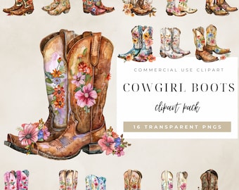 Boho Cowgirl Boot Clipart | Watercolor Floral Cowboy Boots PNG for DIY Crafts, Scrapbooking & Invitations
