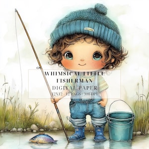 Imágenes prediseñadas de un pequeño pescador caprichoso / Lindos niños pescadores en acuarela PNG / Gráficos de pesca extravagantes / Imprimibles, Decoración de guardería, Uso comercial