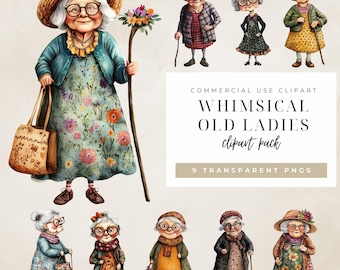 Whimsical Quirky Old Ladies Clipart | Funny Old Lady Graphics | Sassy Old Women PNG | Fussy Art Printables | Commercial Use