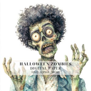 Creepy Halloween Zombie Clipart: Watercolor Spooky PNG Set for Crafts & Junk Journals
