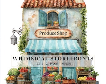 Watercolor Storefront Clipart | Whimsical Shops & Boutiques PNG for Junk Journals, Scrapbooking, DIY Crafts