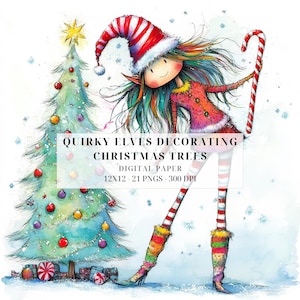 Quirky Christmas Tree Decorating Elves Clipart | Whimsical Elves PNG for Holiday Scrapbooking, Junk Journals, DIY Crafts, Commercial Use