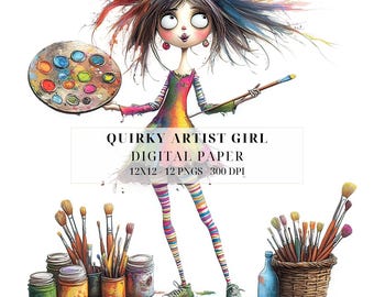 Puede incluir: Un papel digital caprichoso con una ilustración colorida de una niña artista con salpicaduras de pintura, pinceles y una paleta de pintura. El texto "Quirky Artist Girl Digital Paper 12x12 - 12 PNGs - 300 DPI" está incluido en la imagen.