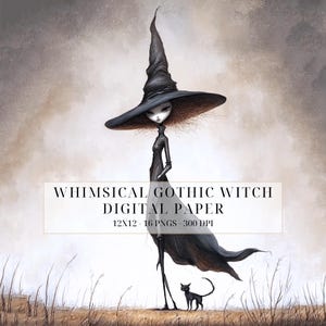 Gothic Witch Clipart: Whimsical Skinny Witches Watercolor Halloween PNG