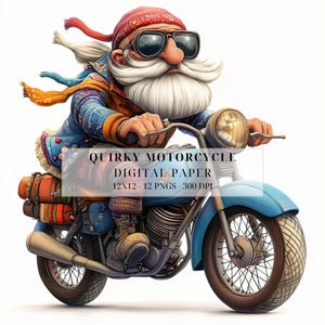 May include: A cartoon illustration of a bearded man wearing a red bandana and sunglasses riding a blue motorcycle with luggage strapped to the side. The image is titled "Quirky Motorcycle Digital Paper 12x12 - 12 PNGs - 300 DPI".