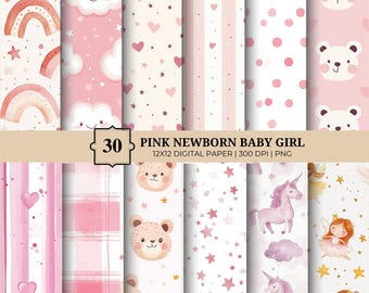Pink Baby Girl Digital Paper Pack | Newborn Nursery Backgrounds (30 PNGs)