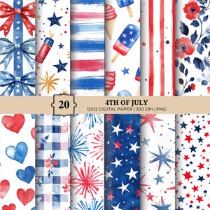 4. Juli Aquarell Digital Paper Pack | Rot Weiß Blau Streifen & Sterne | Patschischer Unabhängigkeitstag Sammelalbum, Junk Journal, Werbung