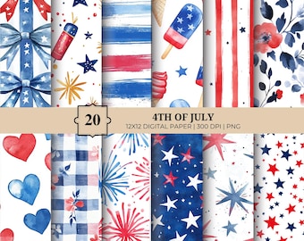 4th of July Digital Paper | Patriotic Watercolor Stars & Stripes | Red White Blue Backgrounds