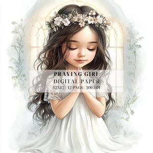 Clipart de la Santa Comunión, Niña latina de primera comunión, Santa Comunión, Niña rezando, Clipart cristiano, Invitaciones, Fabricación de tarjetas, Uso comercial