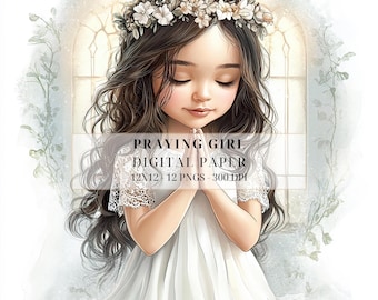 May include: A digital paper featuring a watercolor illustration of a young girl with long brown hair wearing a white dress and a flower crown, praying with her hands clasped together. The background is a soft blue and white watercolor wash.