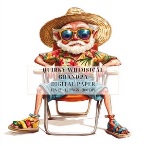 Clipart original de vacances d'été de grand-père | Grand-père drôle et lunatique PNG | Aquarelle, scrapbooking, journaux indésirables, fabrication de cartes, utilisation commerciale