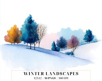Watercolor Winter Landscapes Digital Paper Pack | Snowy Woodland Scenes, Pastel Forest Bundle (Digital Download)