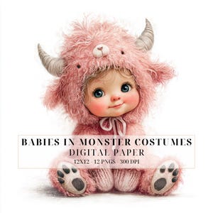 Whimsical Babies in Monster Costumes Clipart | Cute Watercolor Plush Hoodie PNG | Nursery Art, Baby Shower Decor, DIY Crafts, Commercial Use