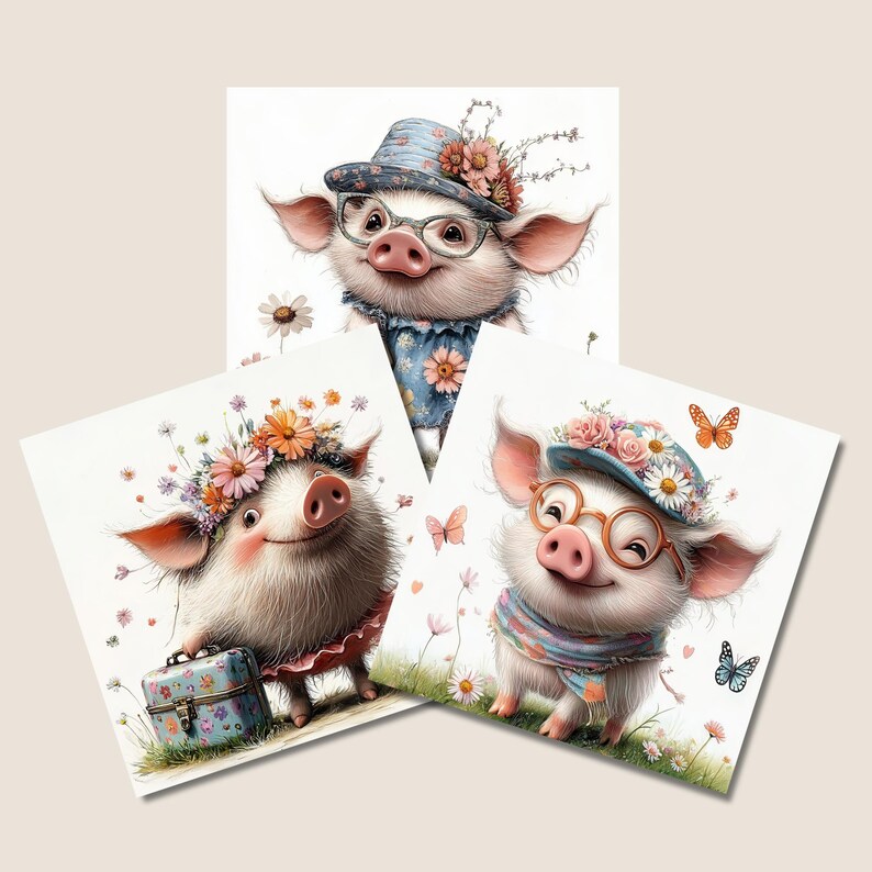 Spring Pig Clipart PNG Bundle | Quirky Watercolor Pig Clipart for Junk ...