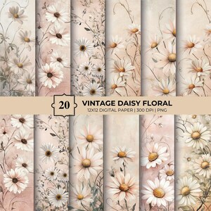 Vintage Daisy Floral Digital Paper: Watercolor Flower Background PNG for Scrapbooking & Crafts