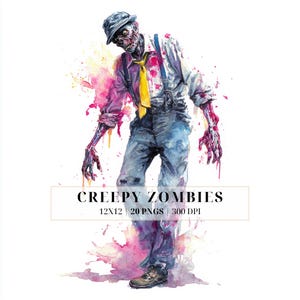 Creepy Zombie Clipart Bundle: Watercolor Halloween Zombies PNG for Crafts & Invitations
