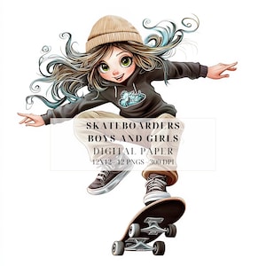 Skurril, Skateboard Clipart | Schrulliger Skater Boy & Girl PNG | Skateboarding Grafiken | Junk Journals, Kartenherstellung, Handwerk, kommerzielle Nutzung