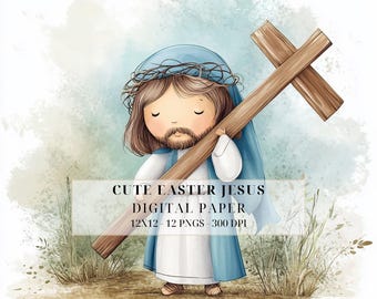 Könnte beinhalten: Ein digitales Papier mit einer niedlichen Cartoon-Illustration von Jesus, der ein Holzkreuz trägt. Die Illustration ist vor einem Aquarellhintergrund mit blauem Himmel und grünem Gras platziert.