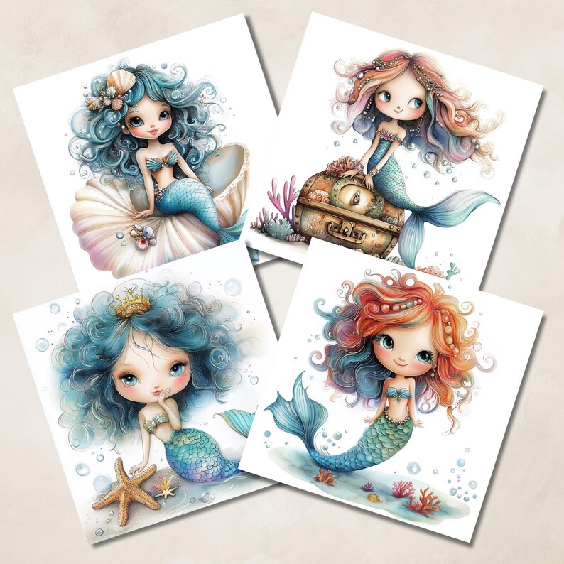Whimsical Watercolor Mermaid Clipart Set | Fantasy PNG for Scrapbooking ...