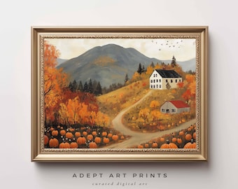 May include: A painting of a white farmhouse with a red roof in a field of pumpkins. The farmhouse is nestled in a valley with a mountain in the background. The trees are in autumn colors.