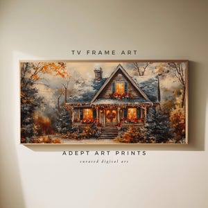 Peut inclure: Une peinture d'un chalet confortable avec une porte rouge et une couronne sur la porte. Le chalet est entouré d'arbres et de neige. La peinture est dans un cadre brun.