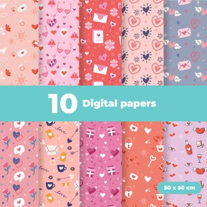 May include: Ten digital papers with Valentine's Day themed patterns. Designs include hearts, envelopes, flowers, gifts, and the word "love". The papers are in shades of pink, red, and purple. The dimensions are 50 x 50 cm.