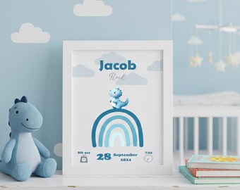 Impresión personalizada con detalles de nacimiento de dinosaurio / Arte mural con nombre de bebé / Regalo para guardería