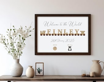 Impresión personalizada de tren con detalles de nacimiento / Arte mural con nombre de bebé / Regalo para guardería