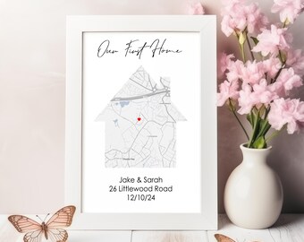 Impresión personalizada para el hogar con mapa / Regalo para casa nueva / Arte mural personalizado para el hogar