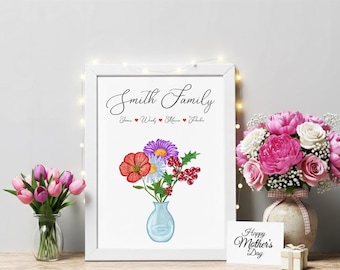 Impresión de flores de nacimiento personalizadas / Regalo personalizado para mamá / Arte mural para el Día de la Madre